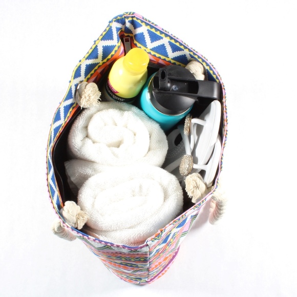 Womens Tote Canvas Printed Rope Handle Bag Pink - Picture 4 of 7